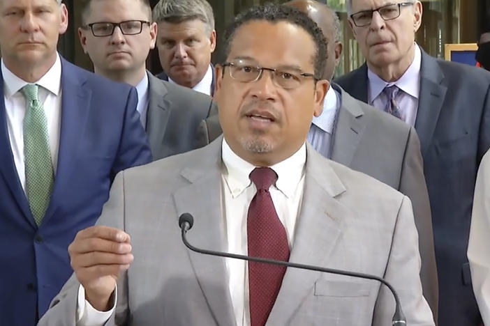 Minnesota Attorney General Keith Ellison speaks with reporters Friday at the Hennepin County Courthouse in Minneapolis, where former police officer Derek Chauvin was sentenced.