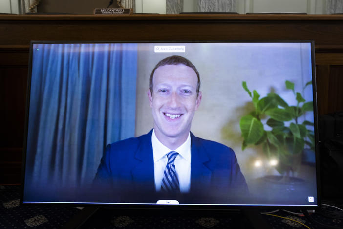 Facebook CEO Mark Zuckerberg testifies remotely during a Senate Commerce, Science, and Transportation Committee hearing on October 28, 2020.