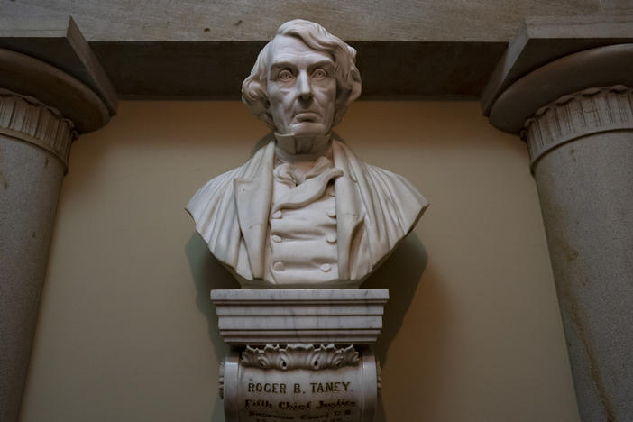This file photo shows the marble bust of Chief Justice Roger Taney that is currently displayed in the Old Supreme Court Chamber in the U.S. Capitol. The House voted Tuesday on a bill that would remove the bust from public display.