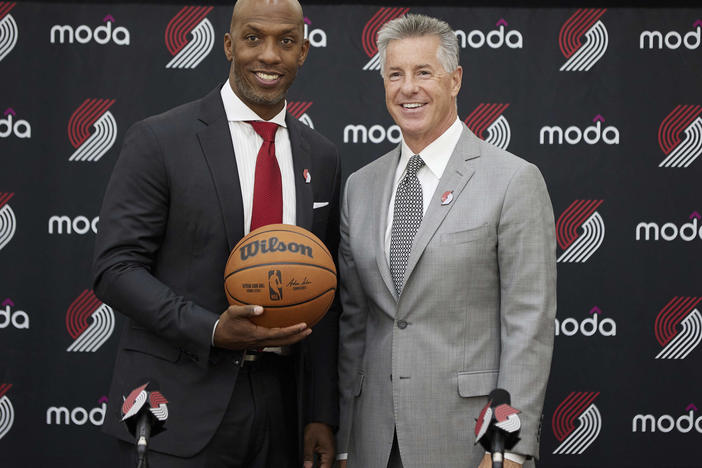 Chauncey Billups, left, poses with Portland General Manager Neil Olshey after Billups was announced as the head coach of the Portland Trail Blazers at the team's practice facility on June 29, 2021.