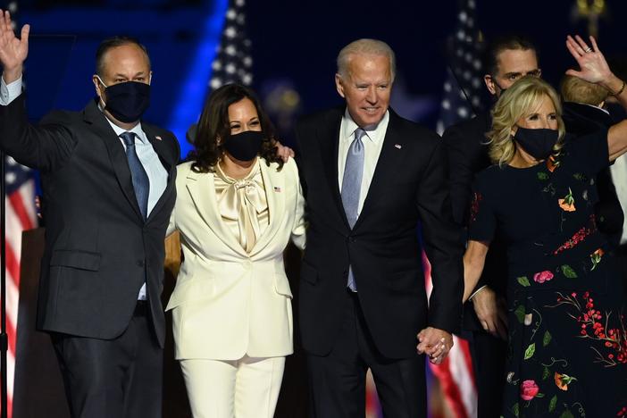 Incoming President Biden and Vice President Harris stand with their respective spouses Jill Biden and Doug Emhoff after delivering remarks in Wilmington, Del., on Nov. 7, the day the Democrats were declared the winners in the 2020 election.
