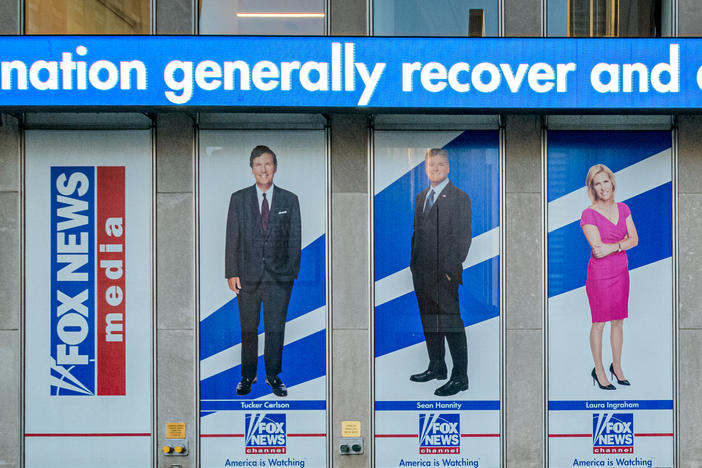 Outside the Fox News headquarters building in New York City.