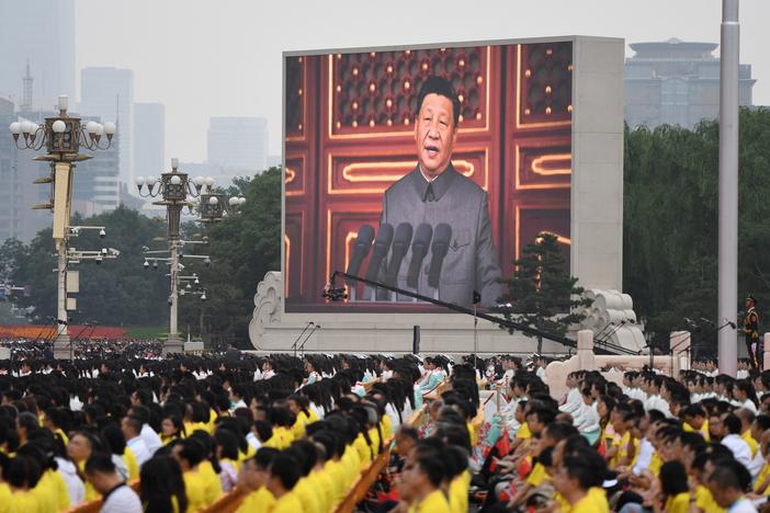 Chinese President Xi Jinping delivers a speech Thursday during the celebrations of the 100th anniversary of the founding of the Communist Party of China at Tiananmen Square in Beijing.