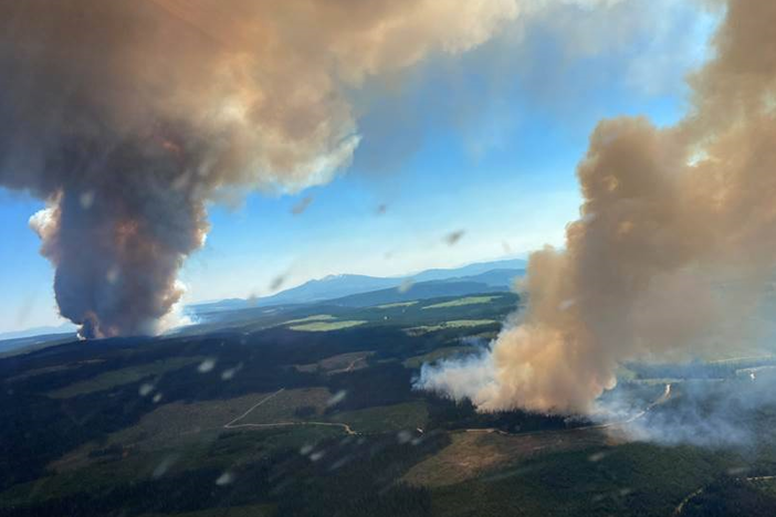 The British Columbia Wildfire Service is responding to multiple fires in the province this week. Two wildfires pictured here, the Long Loch wildfire and the Derickson Lake wildfire, are in close proximity and estimated to be 740 acres combined in size.
