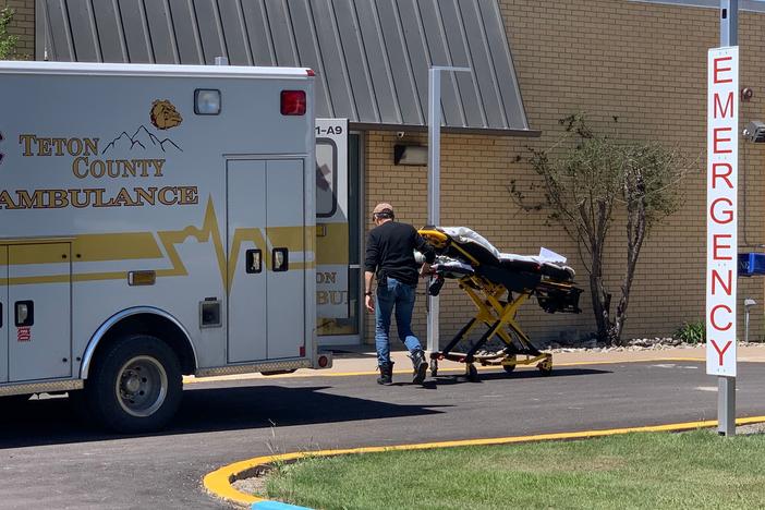 A Teton County emergency medical services volunteer outside the Benefis Teton Medical Center in Choteau, Mont.