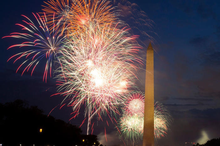 Fireworks burst over Washington Monument at the National Mall during Independence Day celebrations on July 4, 2020.