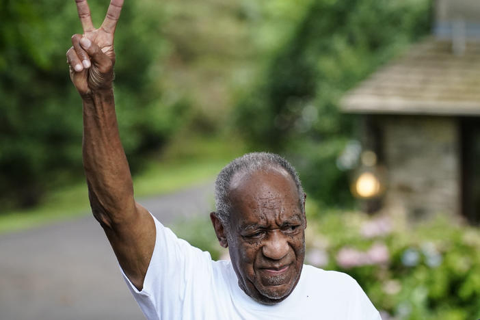 Bill Cosby gestures outside his home in Elkins Park, Pa., on June 30, 2021, after being released from prison when the Pennsylvania's supreme court overturned his sexual assault conviction. Cosby expressed support for former TV co-star Phylicia Rashad's freedom of speech after she defended him in a tweet.