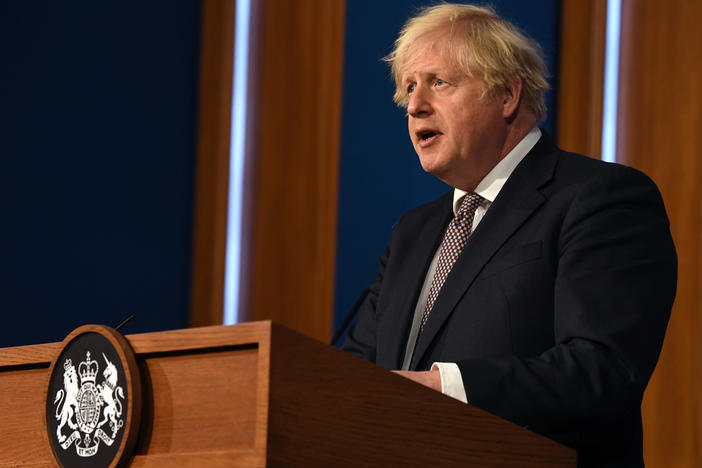 Britain's Prime Minister Boris Johnson gives an update on relaxing restrictions imposed on the country during pandemic at a virtual press conference at Downing Street on July 5.