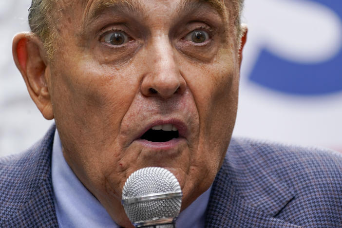 Former New York City Mayor Rudy Giuliani speaks during a campaign event for Republican mayoral candidate Curtis Sliwa on June 21 in New York.