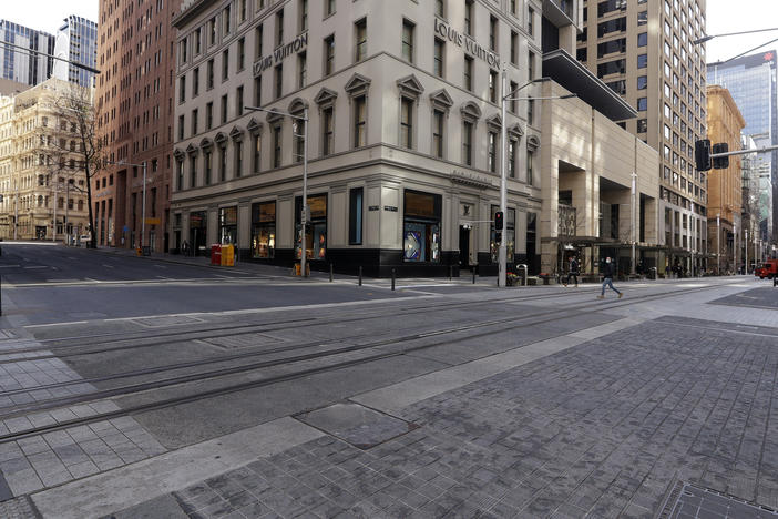 A normally busy shopping area in Sydney is nearly empty of people, Wednesday, July 7. Sydney's two-week lockdown has been extended for another week due to the vulnerability of an Australia population largely unvaccinated against COVID-19, officials said.