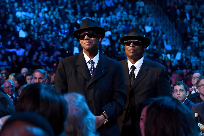 Jimmy Jam, left, and Terry Lewis stand after being acknowledged by inductee Janet Jackson during the 2019 Rock & Roll Hall of Fame Induction Ceremony, held at the Barclays Center on March 29, 2019 in New York.