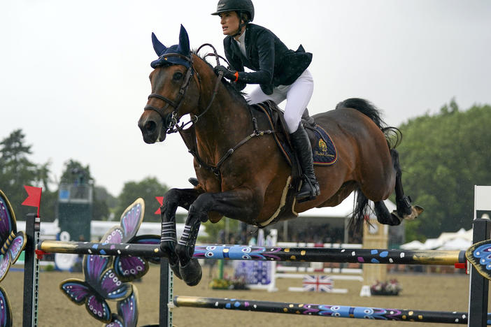 Jessica Springsteen rides Don Juan van de Donkhoeve while competing Sunday in the Rolex Grand Prix at the Royal Windsor Horse Show in England.
