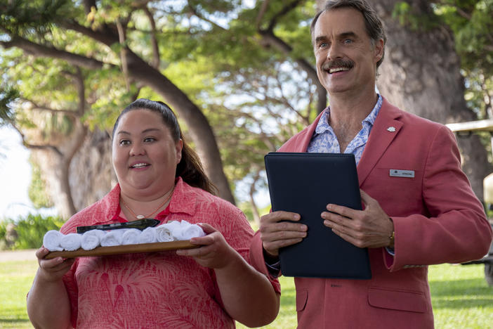 Jolene Purdy and Murray Bartlett play members of the staff in HBO's new series <em>The White Lotus</em>.