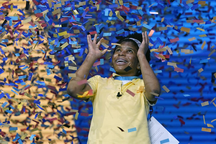 Zaila Avant-garde, 14, from Harvey, La., celebrates winning the finals of the 2021 Scripps National Spelling Bee on Thursday.