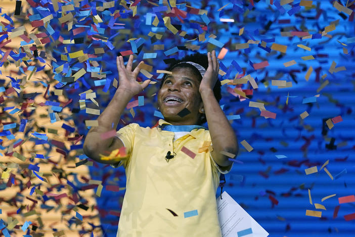 Zaila Avant-garde, 14, from Harvey, La., is covered with confetti as she celebrates winning the finals of the 2021 Scripps National Spelling Bee at Disney World Thursday, July 8 in Lake Buena Vista, Fla.