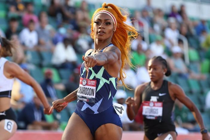 Sha'Carri Richardson competes in the Women's 100 Meter on day 2 of the 2020 U.S. Olympic Track & Field Team Trials at Hayward Field in Eugene, Oregon.