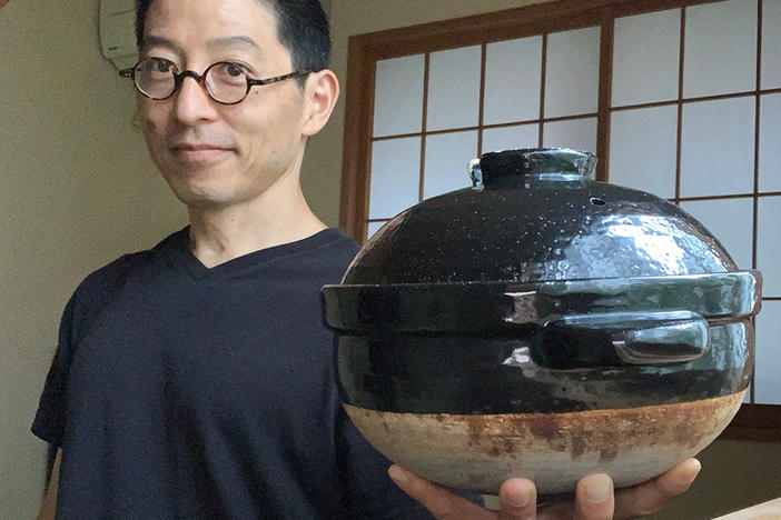 We asked NPR readers to share the items they can't live without in the pandemic. From left to right: Kenji Hall with his traditional Japanese pot, Trish Kandik with her foster dog Penelope and Lauren Morton with a takeout container of Indian food.