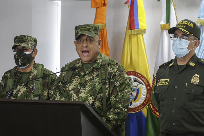 Colombian Armed Forces Commander Gen. Luis Fernando Navarro (center), National Police Director Gen. Jorge Luis Vargas (right), and Army Commander Gen. Eduardo Zapateriro give a press conference regarding the alleged participation of former Colombian soldiers in the assassination of Haiti's President Jovenel Moïse, in Bogotá on Friday.