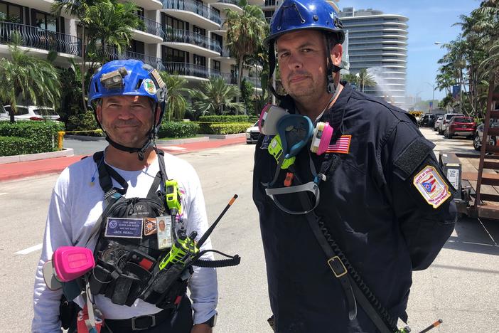 Jack Reall, left, and Ryan Hogsten are members of the Ohio Task Force 1 Urban Search and Rescue Team. They were deployed to Surfside, Fla., after the condo collapse.