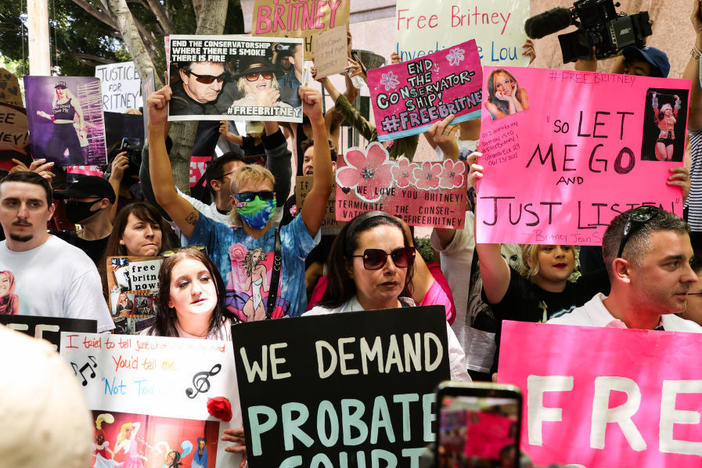 #FreeBritney activists protest outside a conservatorship hearing for pop singer Britney Spears on June 23 in Los Angeles.
