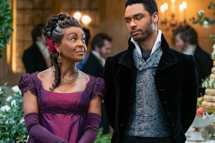Lady Danbury (Adjoa Andoh) and Simon Basset (Regé-Jean Page) in<em> Bridgerton.</em>