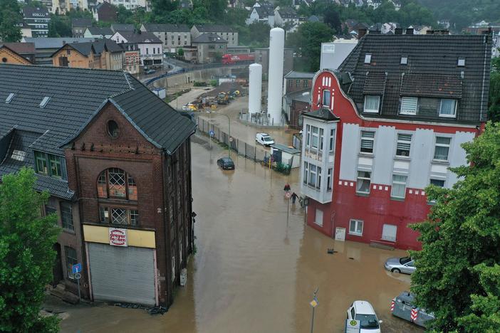 An aerial view Wednesday shows the flooded center of the city of Hagen, western Germany, after heavy rain in parts of the country caused widespread flooding.