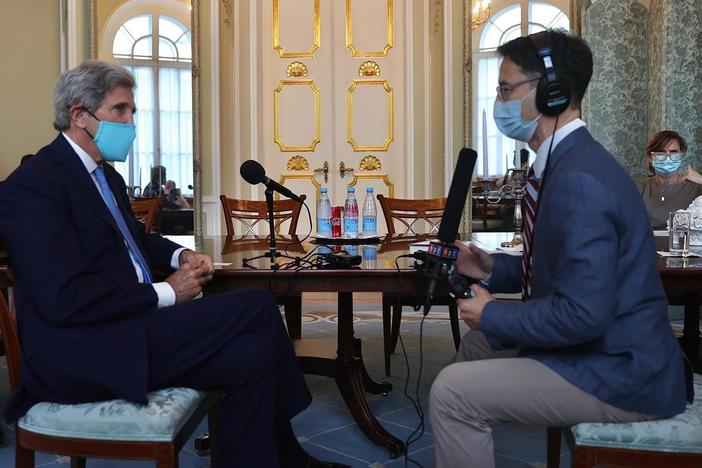 Kerry gets interviewed by NPR's Lucian Kim on Wednesday at Spaso House, the official Moscow residence of the U.S. ambassador to Russia.