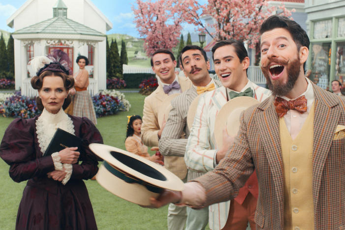 Kristin Chenoweth and the company of <em>Schmigadoon!</em>, premiering July 16 on Apple TV+.