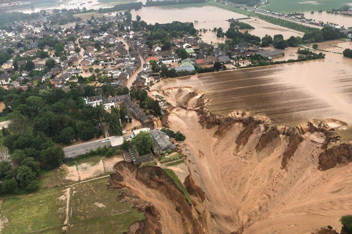 Flooding has led to the collapse of an entire field in Rhein-Erft-Kreis, a district in western Germany. Officials have said a warming climate is at least partially to blame for floods.