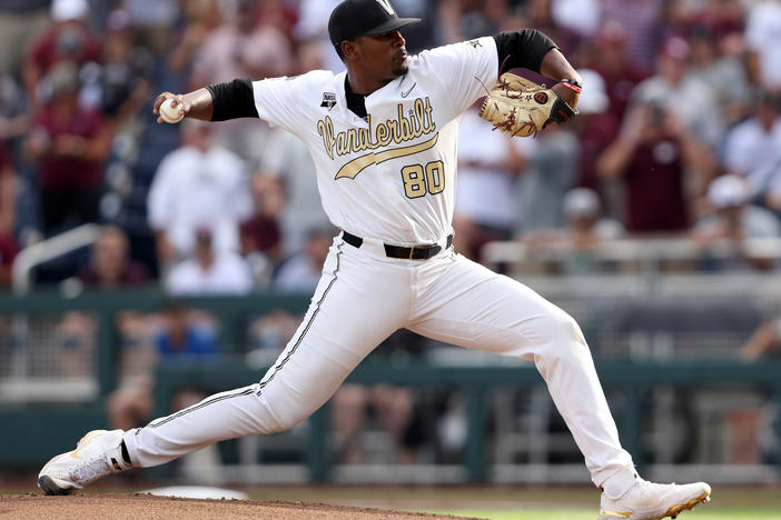 Kumar Rocker pitches during game three of the College World Series championship on June 30, 2021, in Omaha, Neb. This week, he was drafted by the New York Mets.