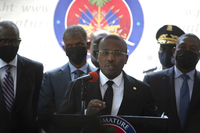 Haiti's interim Prime Minister Claude Joseph gives a press conference in Port-au-Prince on Friday, the week after the assassination of Haitian President Jovenel Moïse's on July 7.