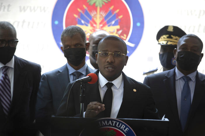 Haiti's interim Prime Minister Claude Joseph gives a press conference in Port-au-Prince on July 16, the week after the assassination of Haitian President Jovenel Moïse's on July 7.