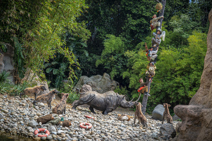 Disneyland's updated Jungle Cruise ride features tourists of various ethnic backgrounds getting chased by wildlife.