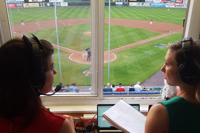 Broadcasters Melanie Newman and Suzie Cool, shown here on April 24, 2019 calling a minor league game.