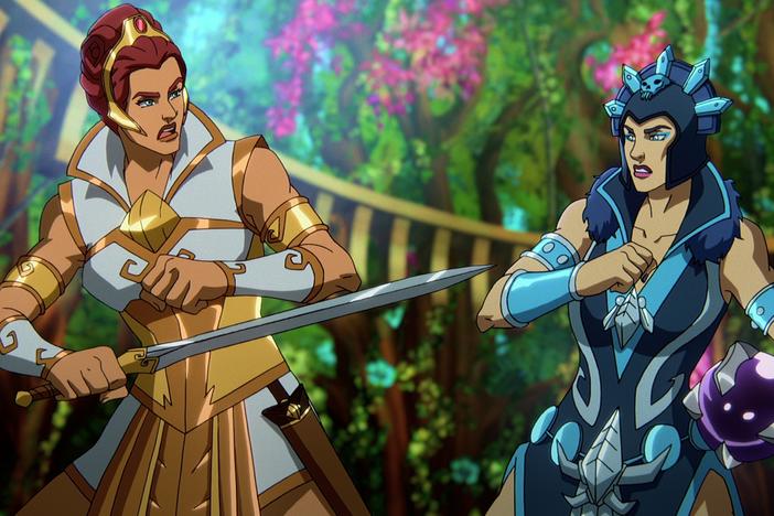 An I-Have-The-Power vacuum pits Teela (Sarah Michelle Gellar) against Evil-Lyn (Lena Headey) in Netflix's <em>Masters of the Universe: Revelation</em>.