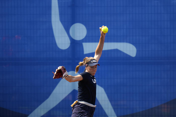 United States pitcher Monica Abbott trains at the Fukushima Azuma Baseball Stadium ahead of the 2020 Summer Olympics, Tuesday, July 20, 2021, in Fukushima, Japan.
