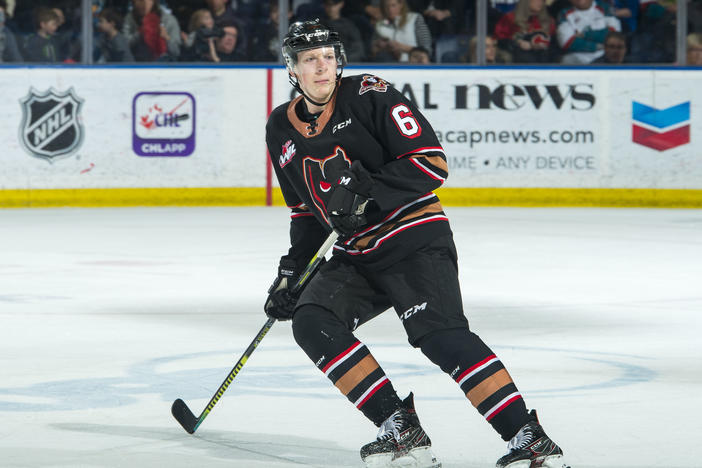 Luke Prokop of the Calgary Hitmen skates against the Kelowna Rockets at Prospera Place on Feb. 17, 2020, in Kelowna, British Columbia.