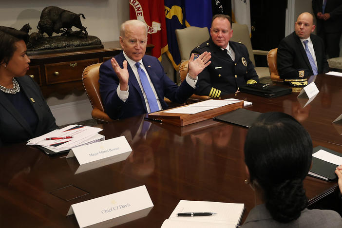 President Biden hosts a White House meeting about reducing gun violence on July 12. Violent crime is on the rise in many U.S. urban areas, and Democratic political strategists believe the White House needs to take on the issue of crime directly.