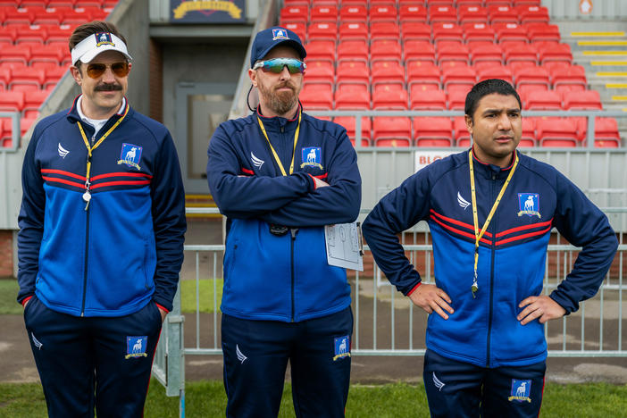 Jason Sudeikis, Brendan Hunt and Nick Mohammed in <em>Ted Lasso</em>.