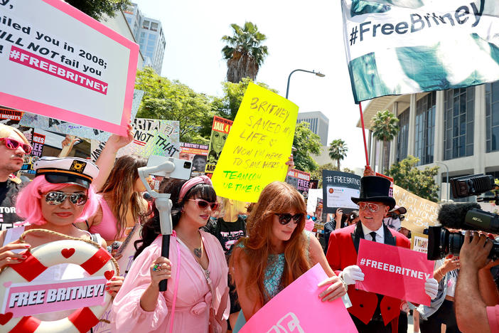 #FreeBritney protesters gather outside the Stanley Mosk Courthouse in Los Angeles. Similar rallies have been taking place around the world in recent weeks.