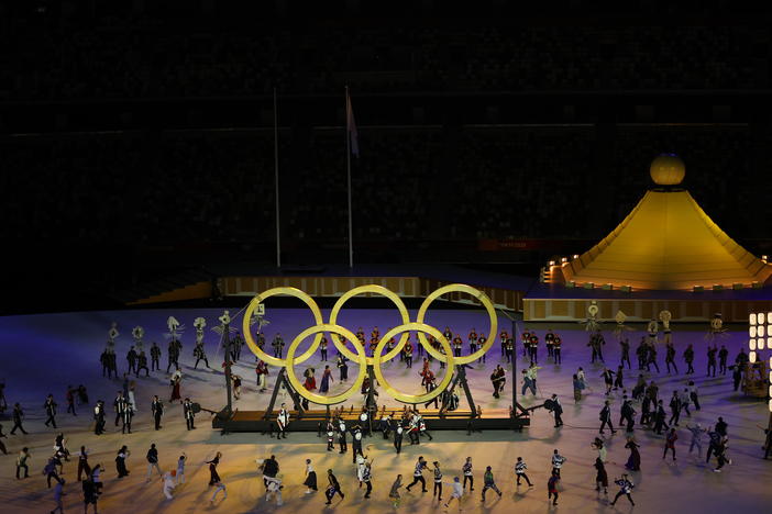 The Olympic Rings are included at the opening ceremony of the Tokyo 2020 Olympic Games on Friday.