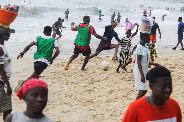 Soccer on the sand of Lumley Beach is a big Sunday pastime in Freetown, Sierra Leone. Pick-up games run up and down the shoreline.