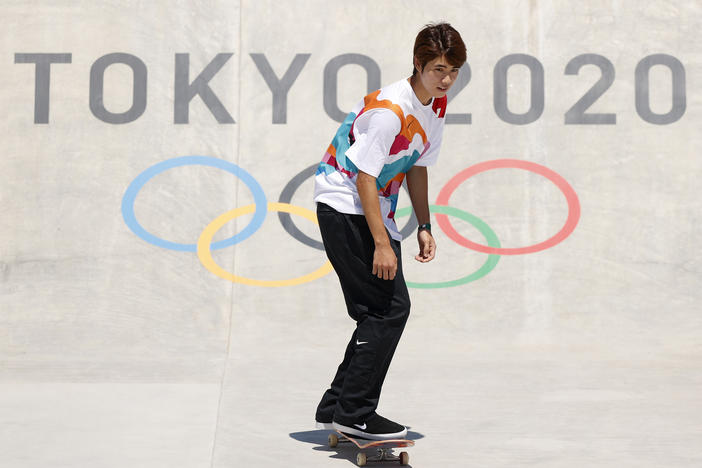 Yuto Horigome of Team Japan practices on the skateboard street course before winning a gold medal at the Tokyo Summer Olympic Games at the Ariake Urban Sports Park on Sunday.