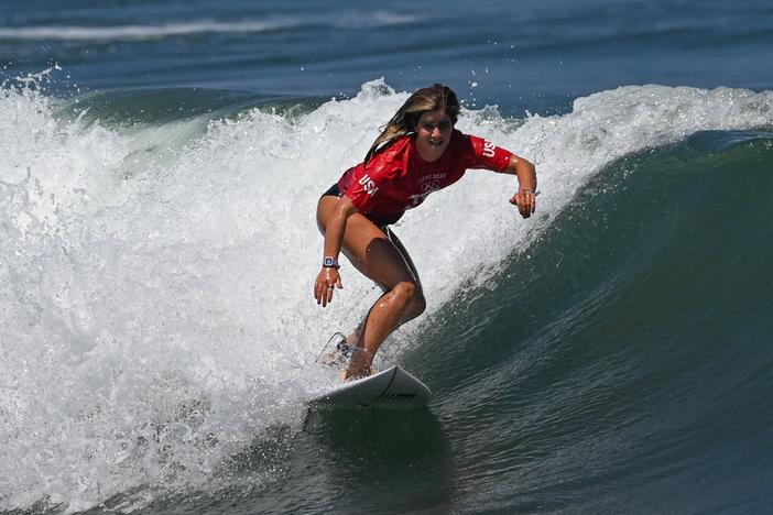 Caroline Marks of the United States competes during Tokyo 2020 women's round 1 heat of surfing at Tsurigasaki Surfing Beach in Chiba Prefecture, Japan, on Sunday.