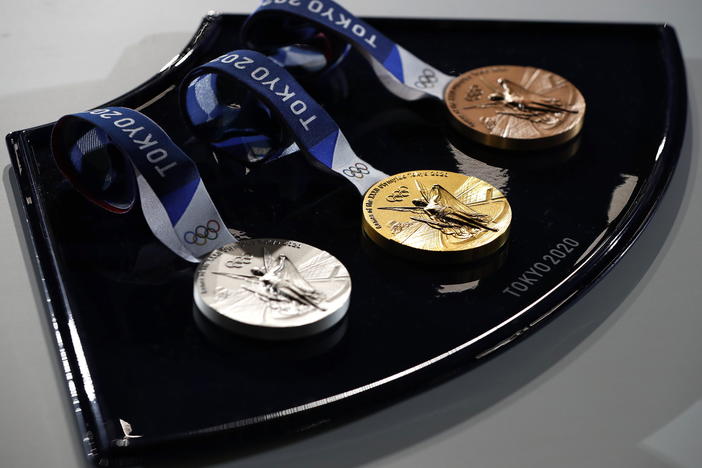 A medal tray that will be used during the victory ceremonies at the Tokyo 2020 Olympic and Paralympic Games.
