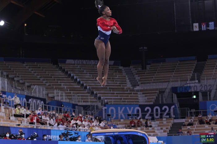 Simone Biles from the U.S. performs on the vault during the gymnastics women's team final at the Summer Olympics on Tuesday in Tokyo.