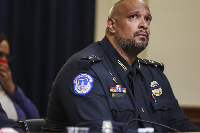 U.S. Capitol Police Pfc. Harry Dunn testifies Tuesday during a House select committee hearing about the Jan. 6 attack on the U.S. Capitol.