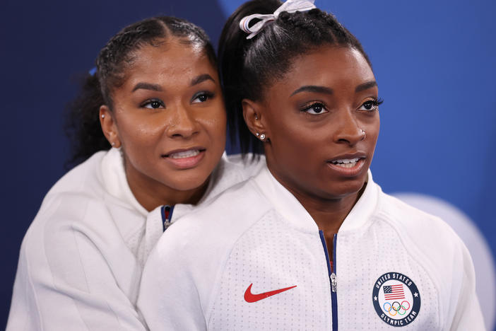 Jordan Chiles (left) and Simone Biles during the women's team final on Tuesday in Tokyo.