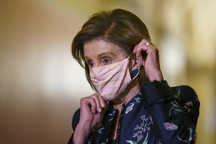 Speaker of the House Nancy Pelosi, D-Calif., wears a face mask as she hosts a visit by King Abdullah II of Jordan, at the Capitol in Washington, Thursday, July 22, 2021.