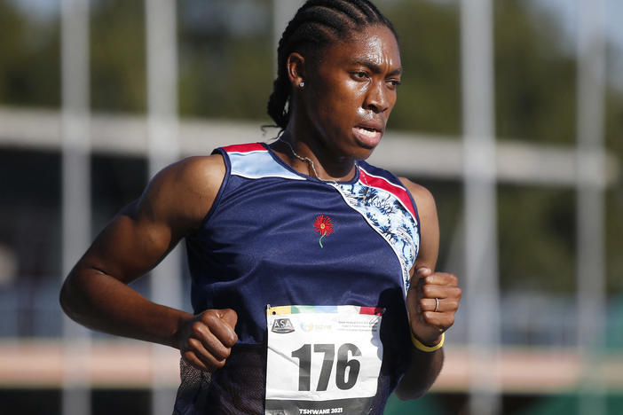 Two-time Olympic gold medalist Caster Semenya competes in the women's 5000-meter final in Pretoria, South Africa, on April 15. Her attempt to qualify for the Tokyo Olympics in an event exempt from new testosterone rules fell short.